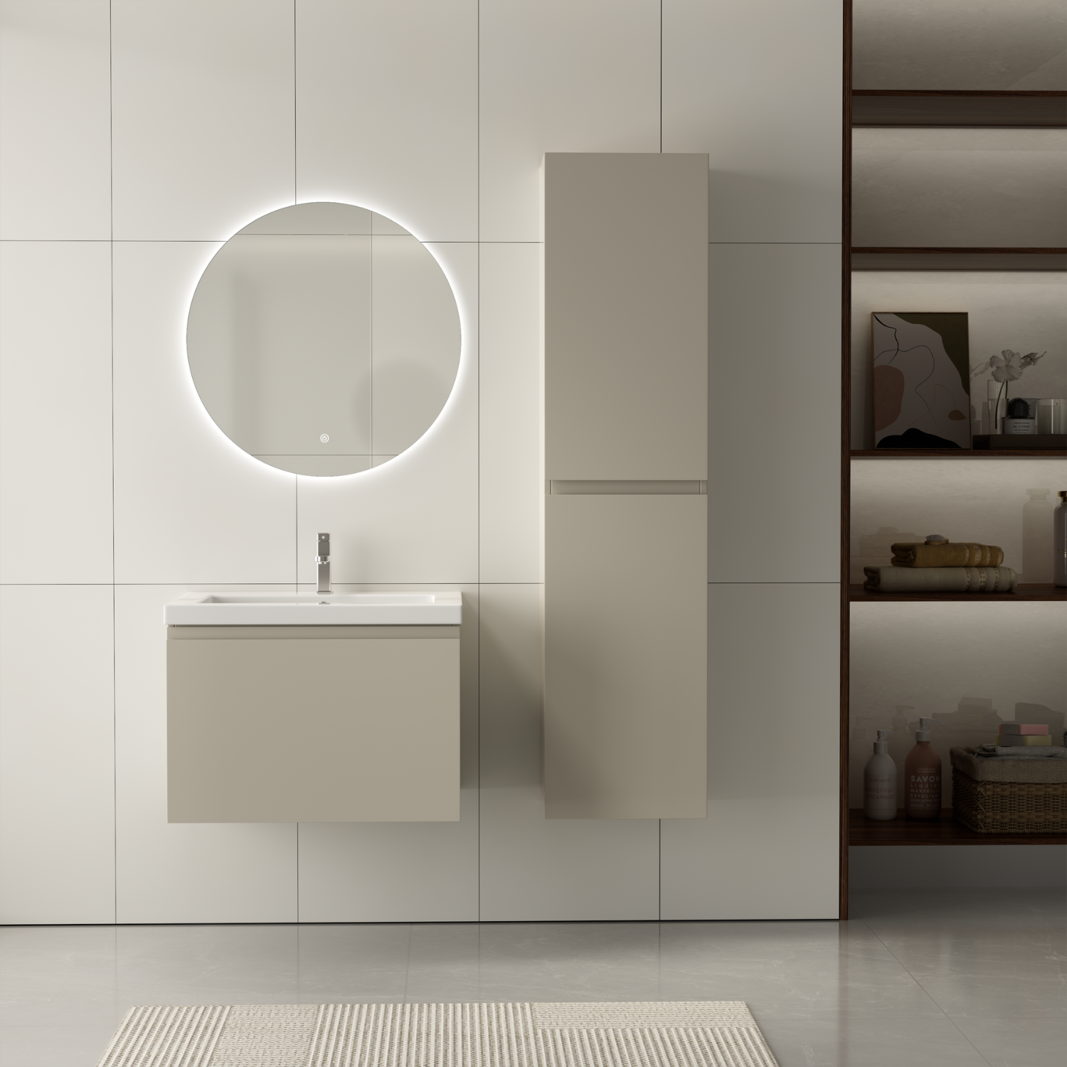 Badmöbelset SORRENTO 60 cm - Mit Hochschrank - Greige - Waschbecken Weiß