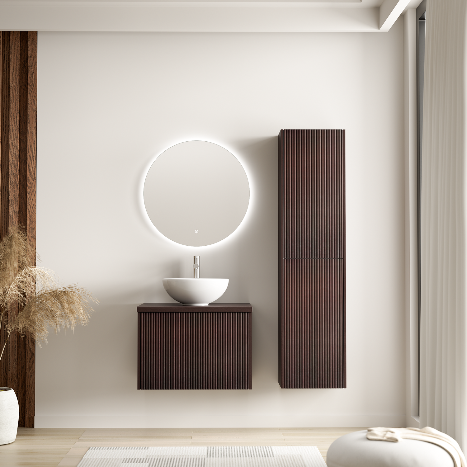 Badmöbelset TROPANI Walnuss Geriffelt - Aufsatzwaschbecken Schwarz - 60 cm