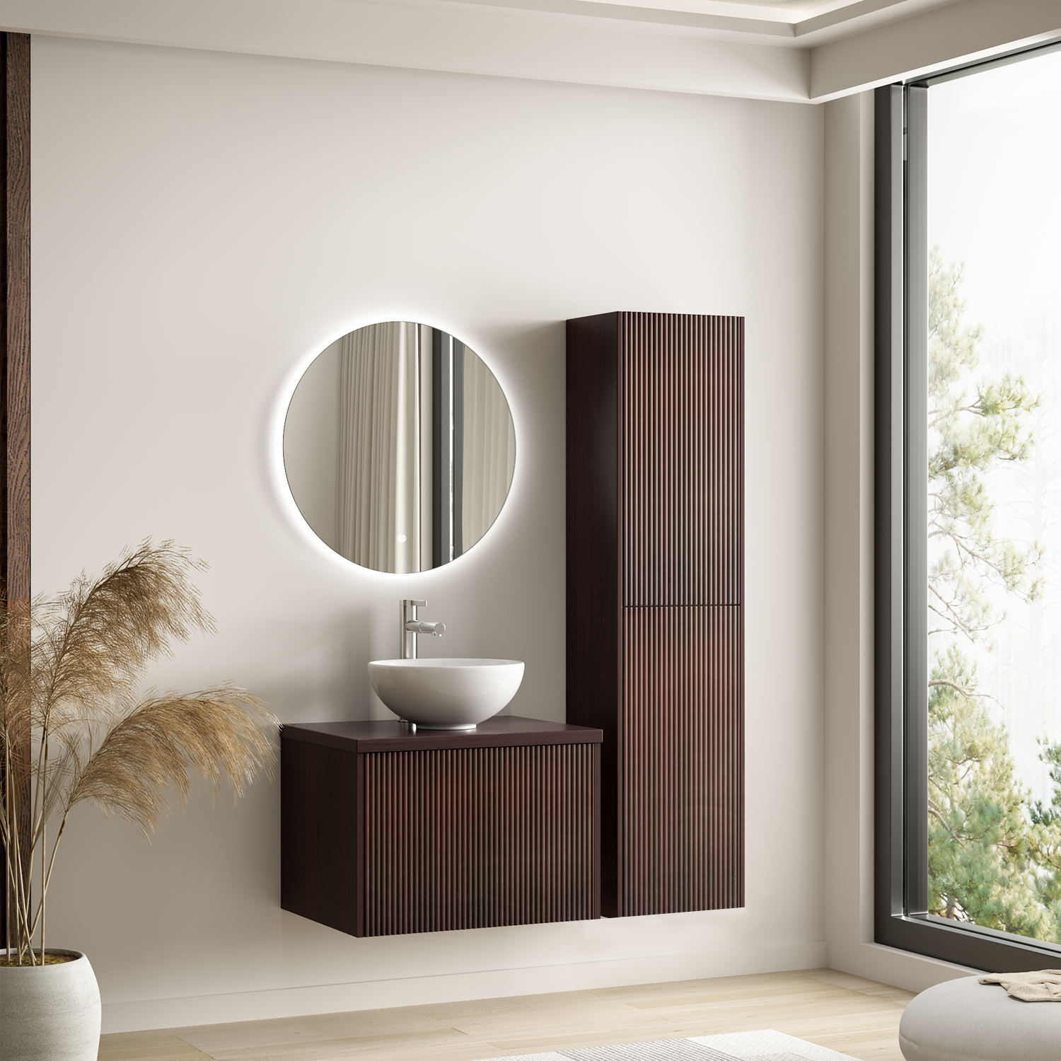 Badmöbelset TROPANI Walnuss Geriffelt - Aufsatzwaschbecken Weiß - 60 cm