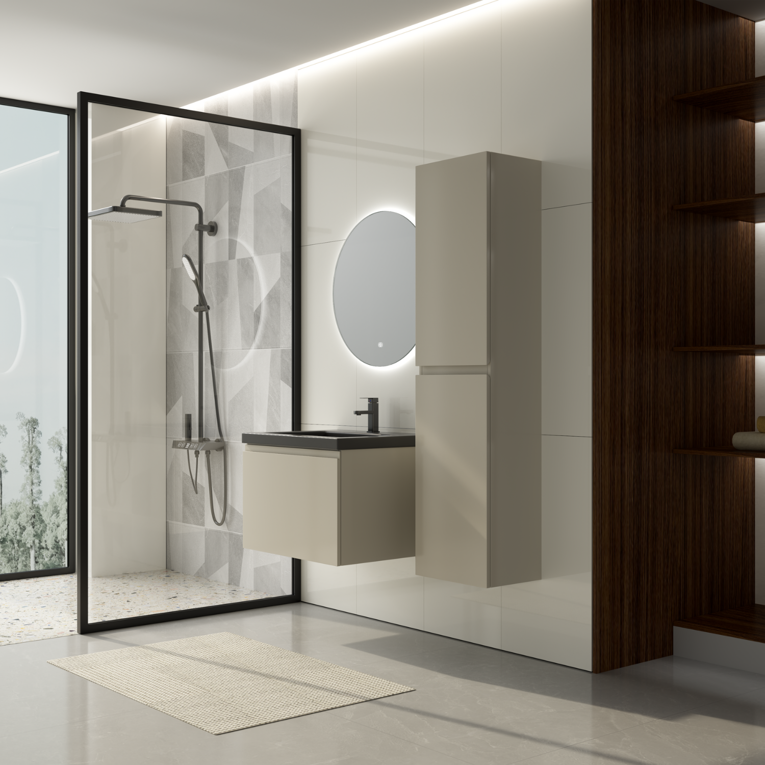 Badmöbelset SORRENTO 60 cm - Mit Hochschrank - Greige - Waschbecken Schwarz