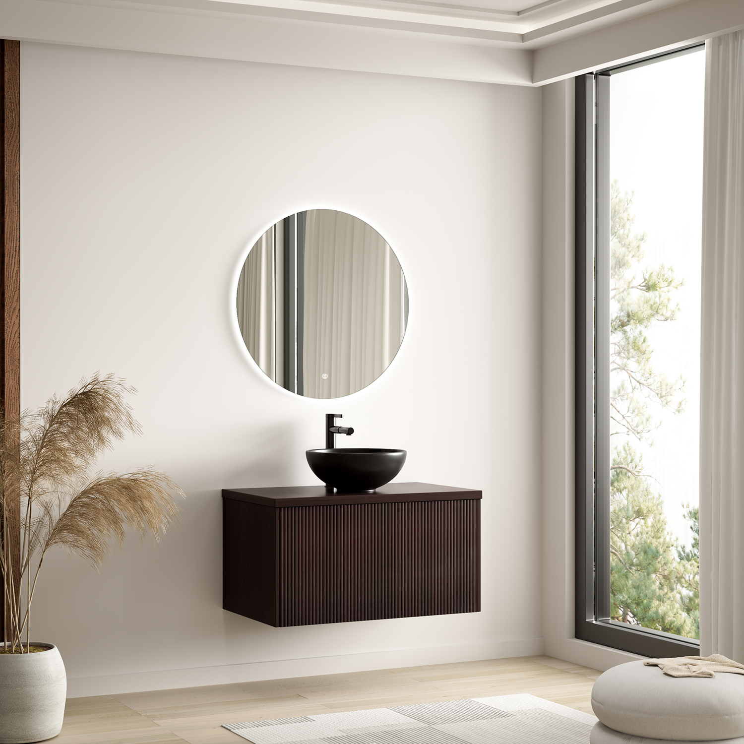 MESSINA Geriffelt Walnuss - Aufsatzwaschbecken Schwarz - 80 cm