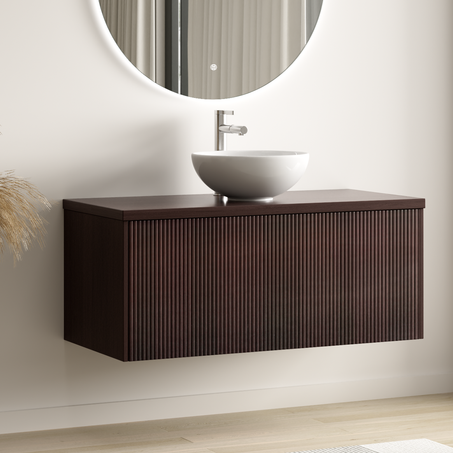 MESSINA Geriffelt Walnuss - Aufsatzwaschbecken Weiß - 100 cm