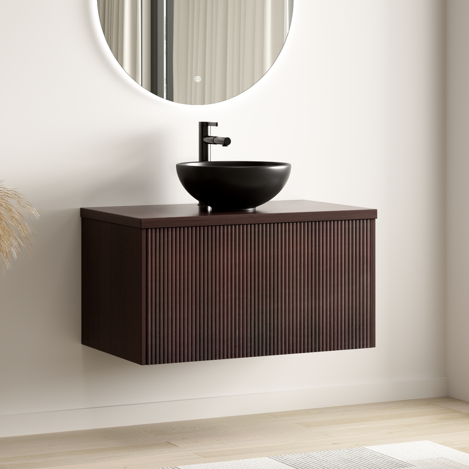 MESSINA Geriffelt Walnuss - Aufsatzwaschbecken Schwarz - 80 cm