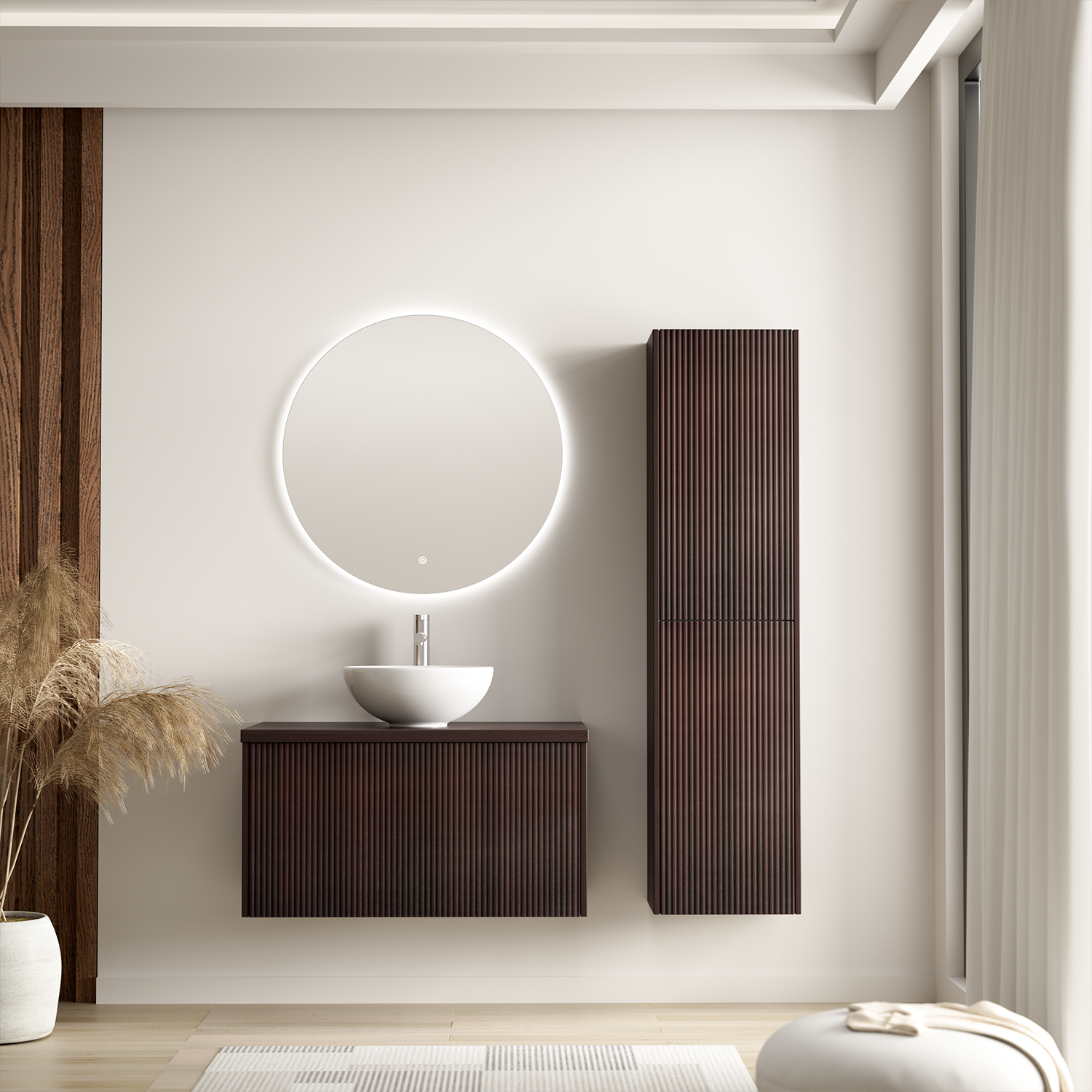 Badmöbelset TROPANI Walnuss Geriffelt - Aufsatzwaschbecken Weiß - 80 cm