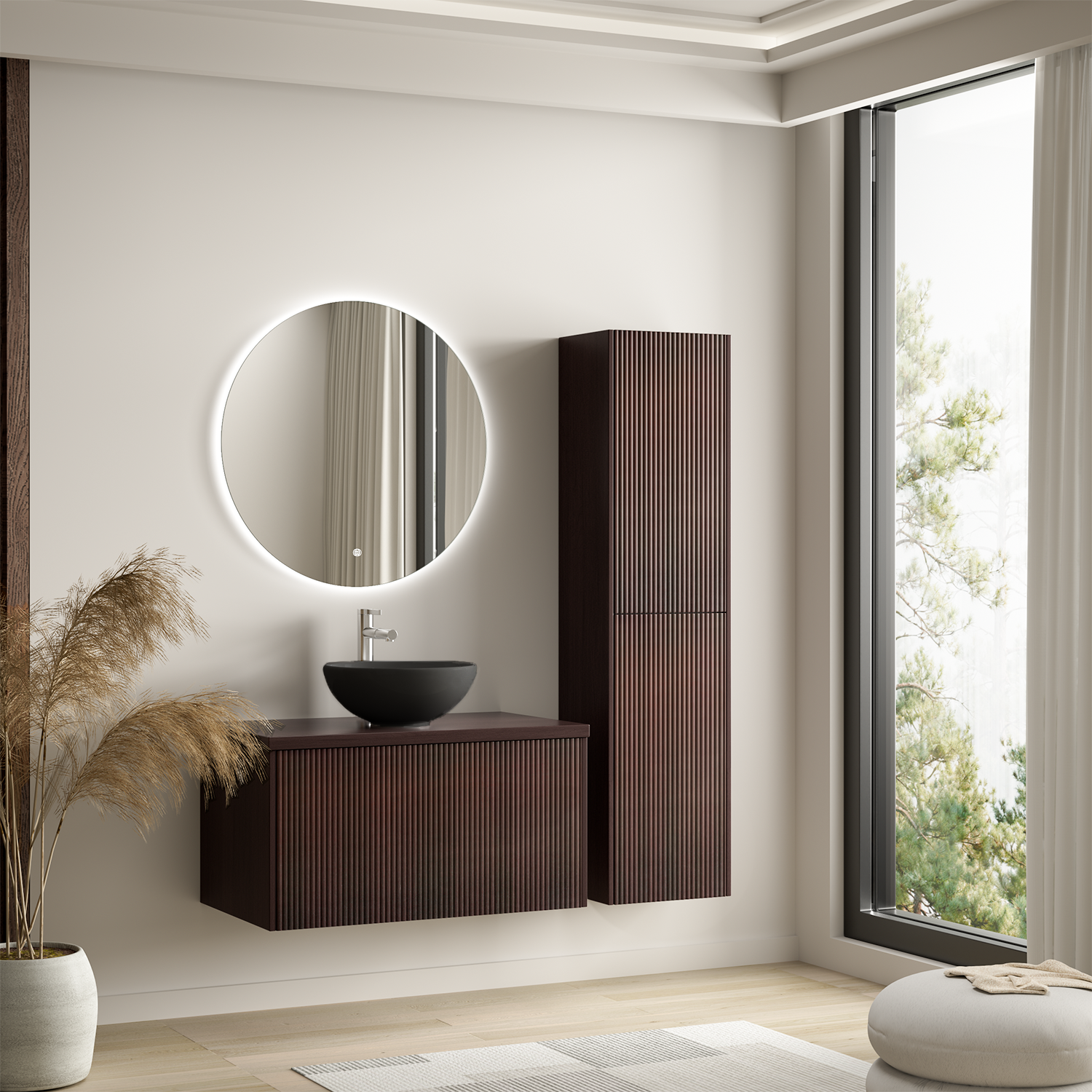 Badmöbelset TROPANI Walnuss Geriffelt - Aufsatzwaschbecken Schwarz - 80 cm