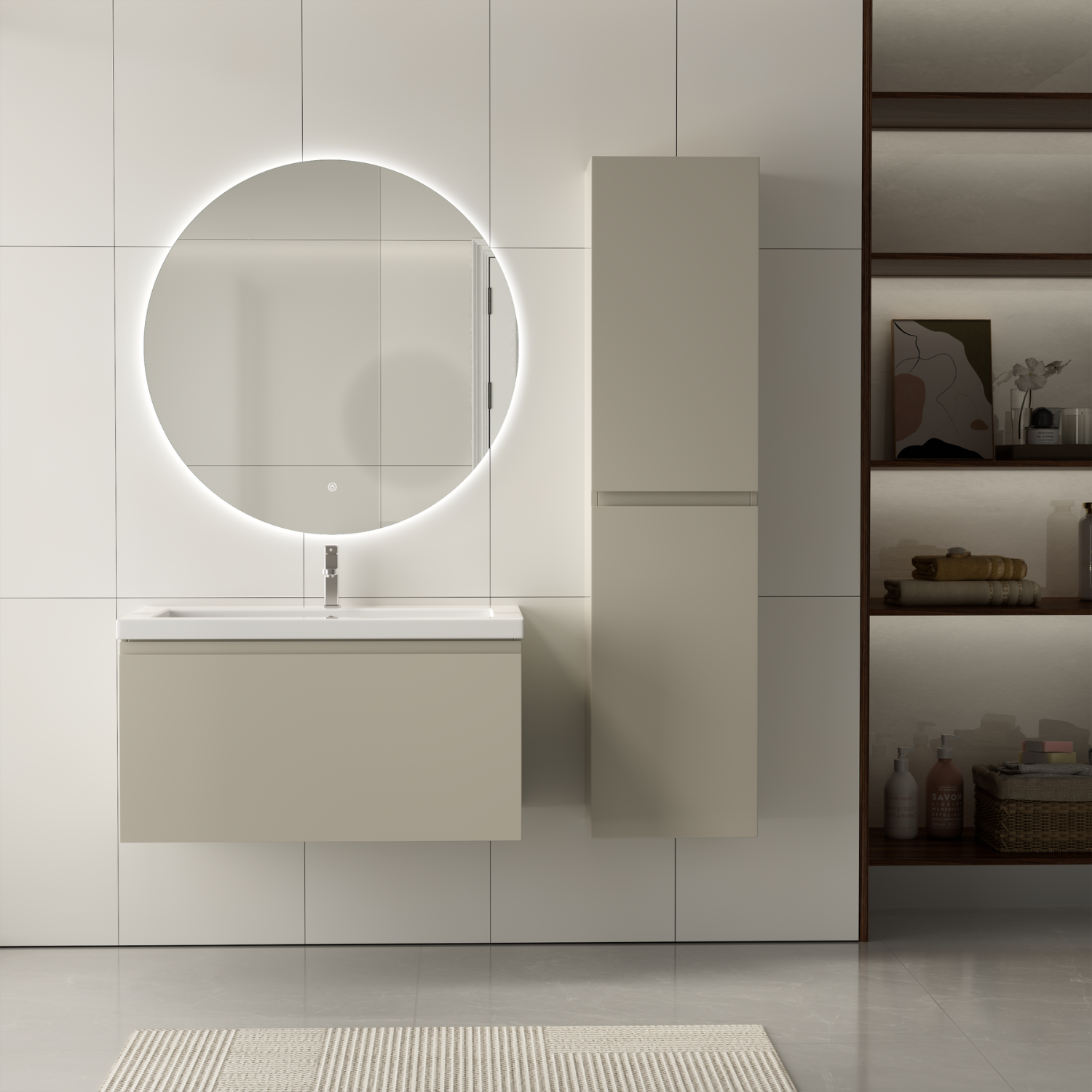 Badmöbelset SORRENTO 80 cm - Mit Hochschrank - Greige - Waschbecken Weiß