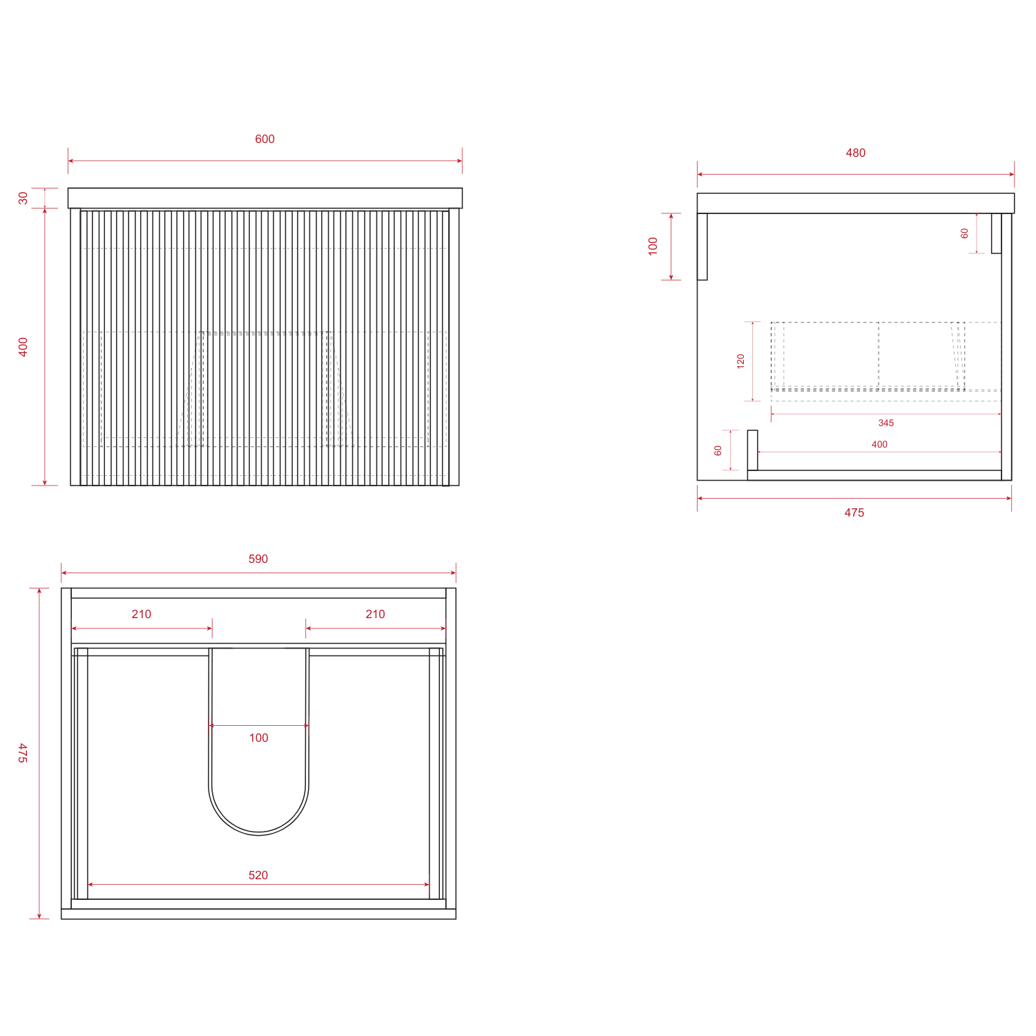 Badmöbelset TROPANI Walnuss Geriffelt - Aufsatzwaschbecken Schwarz - 60 cm
