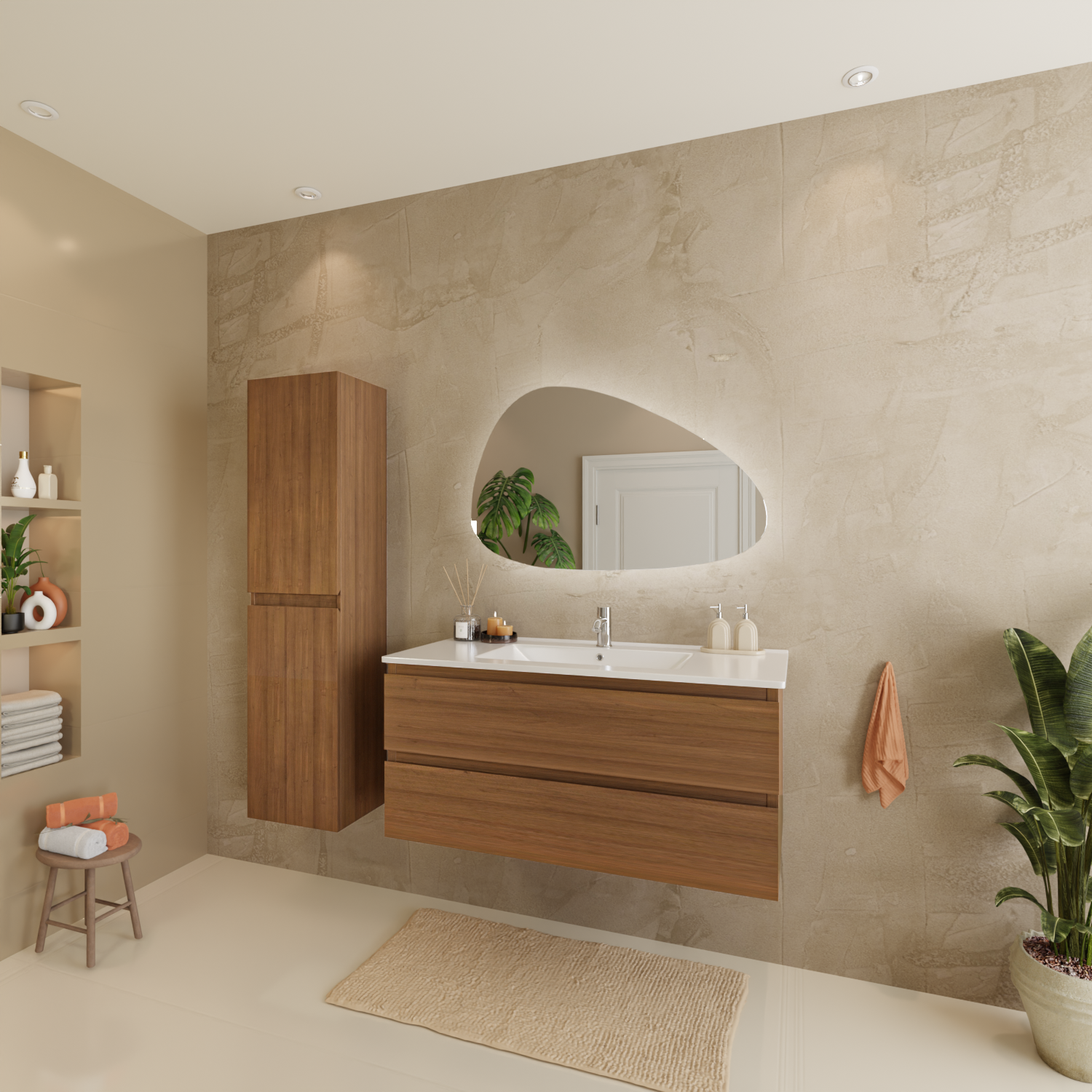 Badmöbelset VERONA 100 cm - Mit Hochschrank - Warmes Eichenholz - Waschbecken Weiß