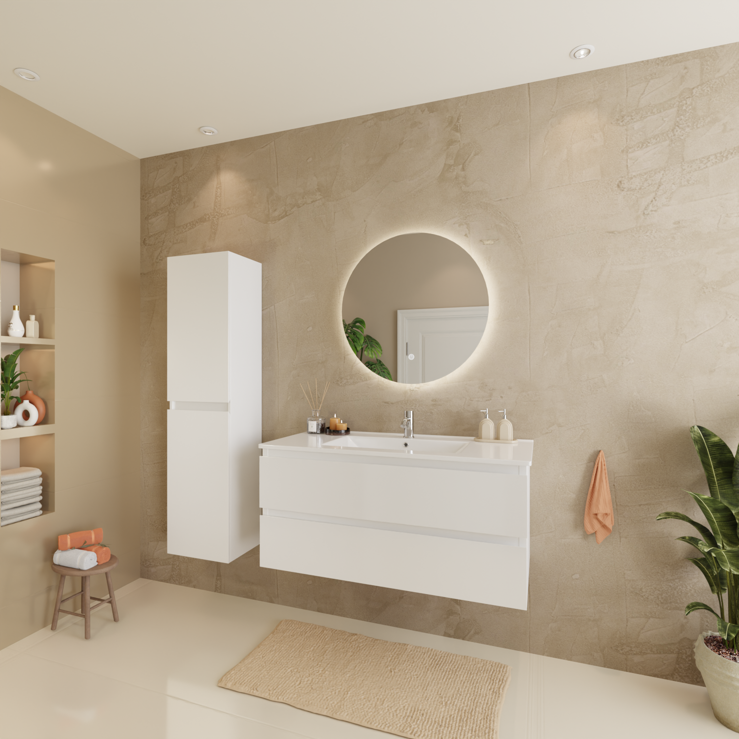 Badmöbelset VERONA 100 cm - Mit Hochschrank - Glänzend Weiß - Waschbecken Weiß