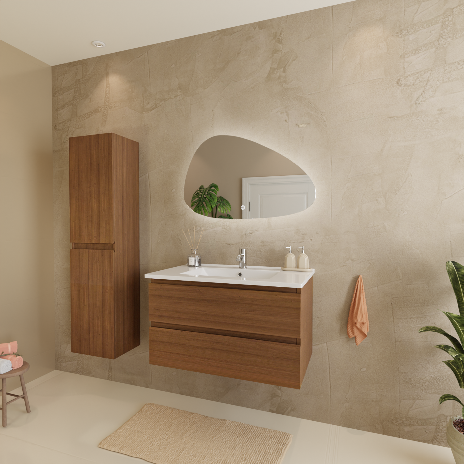 Badmöbelset VERONA 80 cm - Mit Hochschrank - Warmes Eichenholz - Waschbecken Weiß