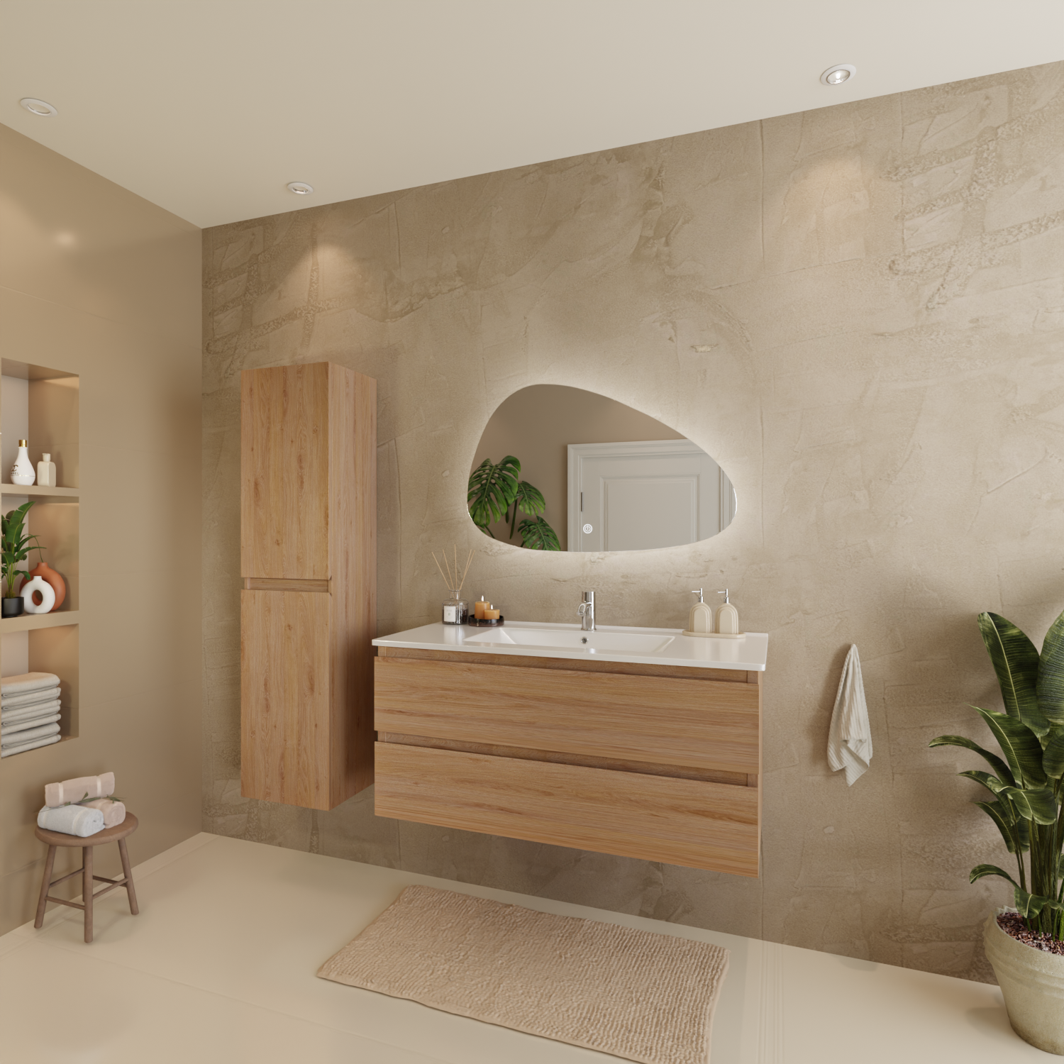 Badmöbelset VERONA 100 cm - Mit Hochschrank - Helles Eichenholz - Waschbecken Weiß