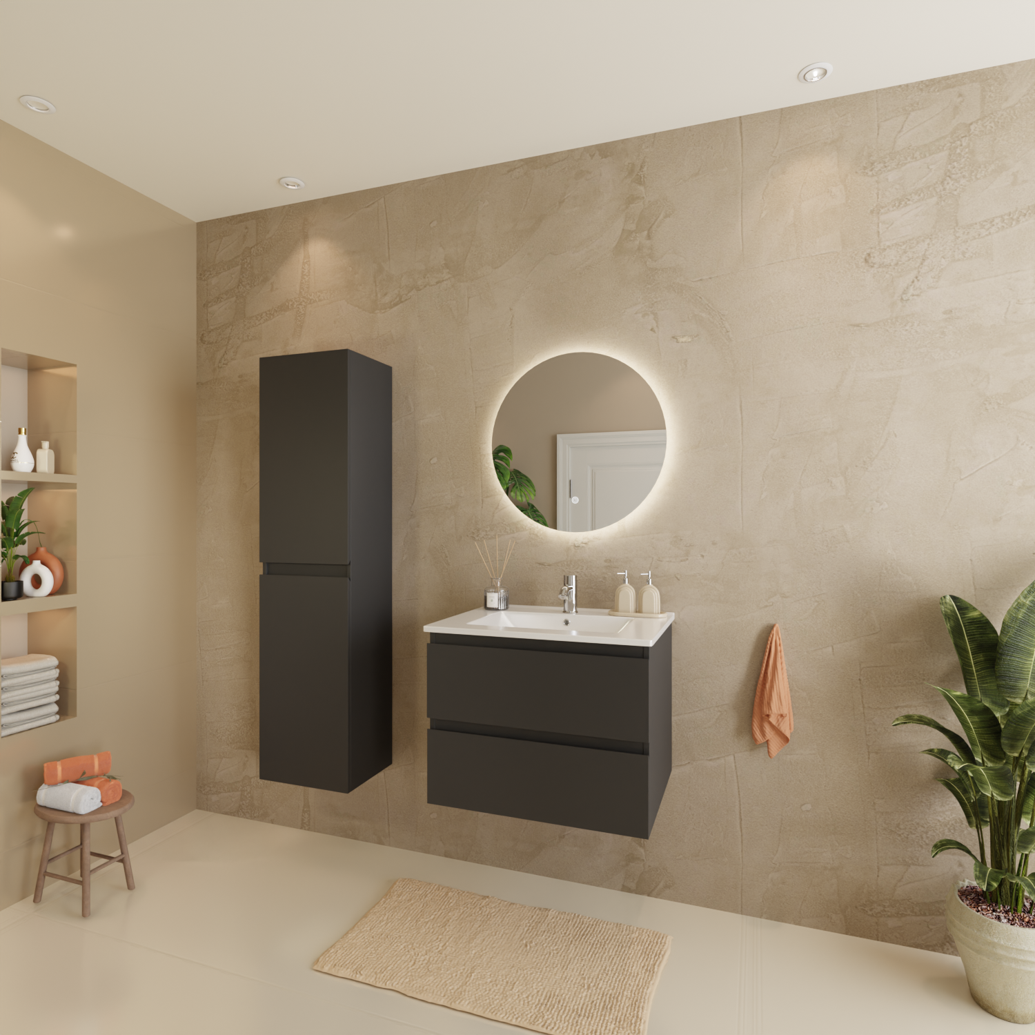 Badmöbelset VERONA 60 cm - Mit Hochschrank - Matt Schwarz - Waschbecken Weiß