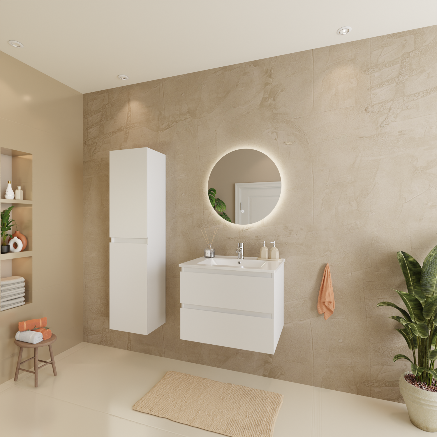 Badmöbelset VERONA 60 cm - Mit Hochschrank - Glänzend Weiß - Waschbecken Weiß