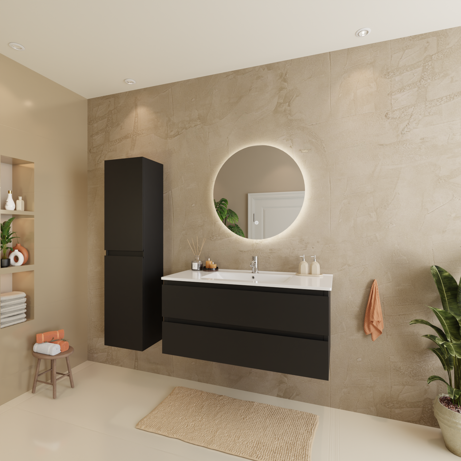 Badmöbelset VERONA 100 cm - Mit Hochschrank - Matt Schwarz - Waschbecken Weiß