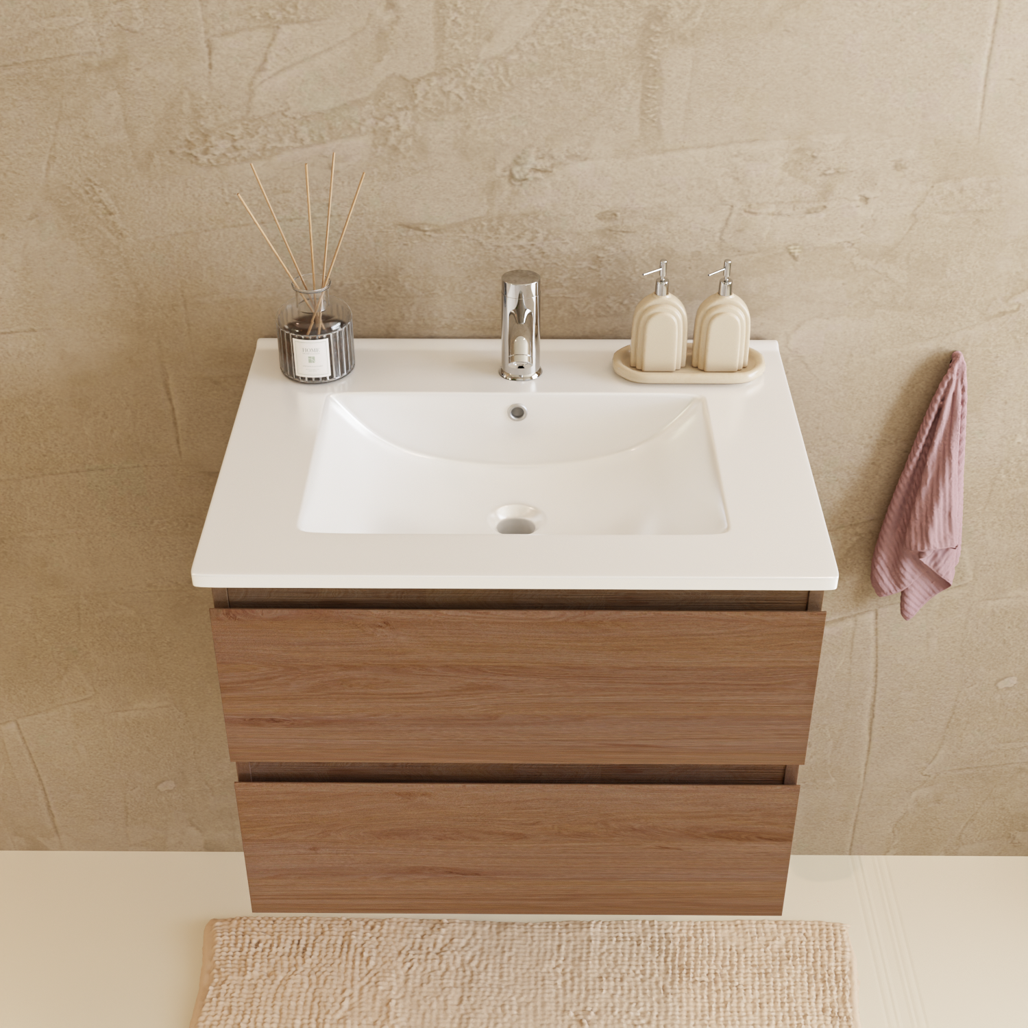 Badmöbelset VERONA 60 cm - Mit Hochschrank - Warmes Eichenholz - Waschbecken Weiß