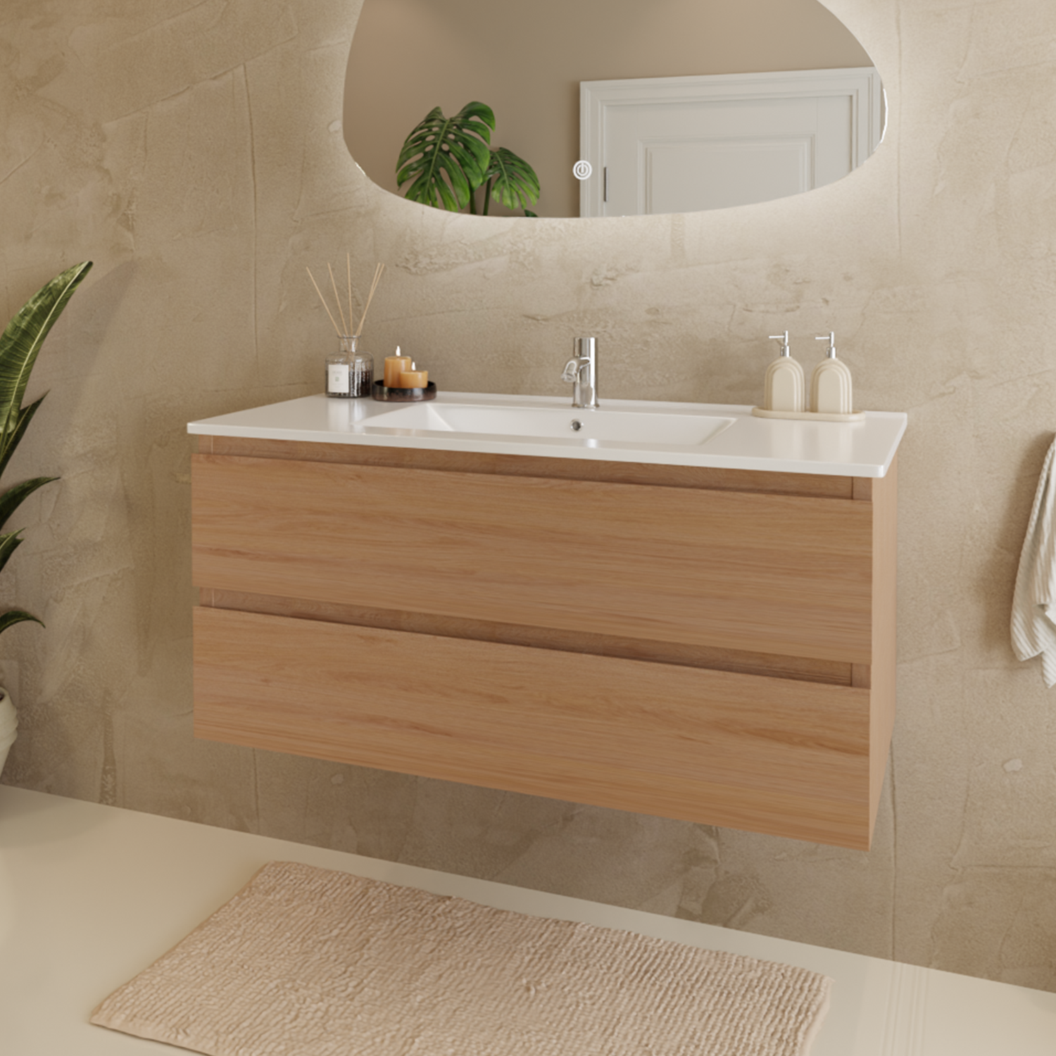 MARENZA Helles Eichenholz - Waschbecken weiß - 100 cm