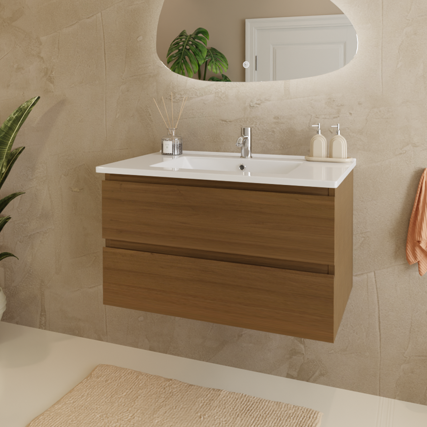 MARENZA Warmes Eichenholz - Waschbecken weiß - 80 cm