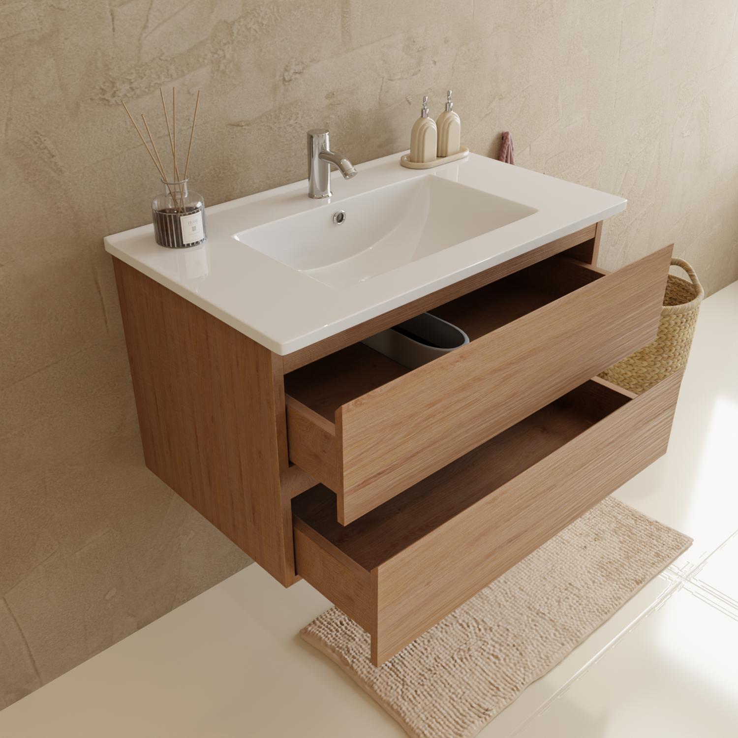 Badmöbelset VERONA 80 cm - Mit Hochschrank - Helles Eichenholz - Waschbecken Weiß