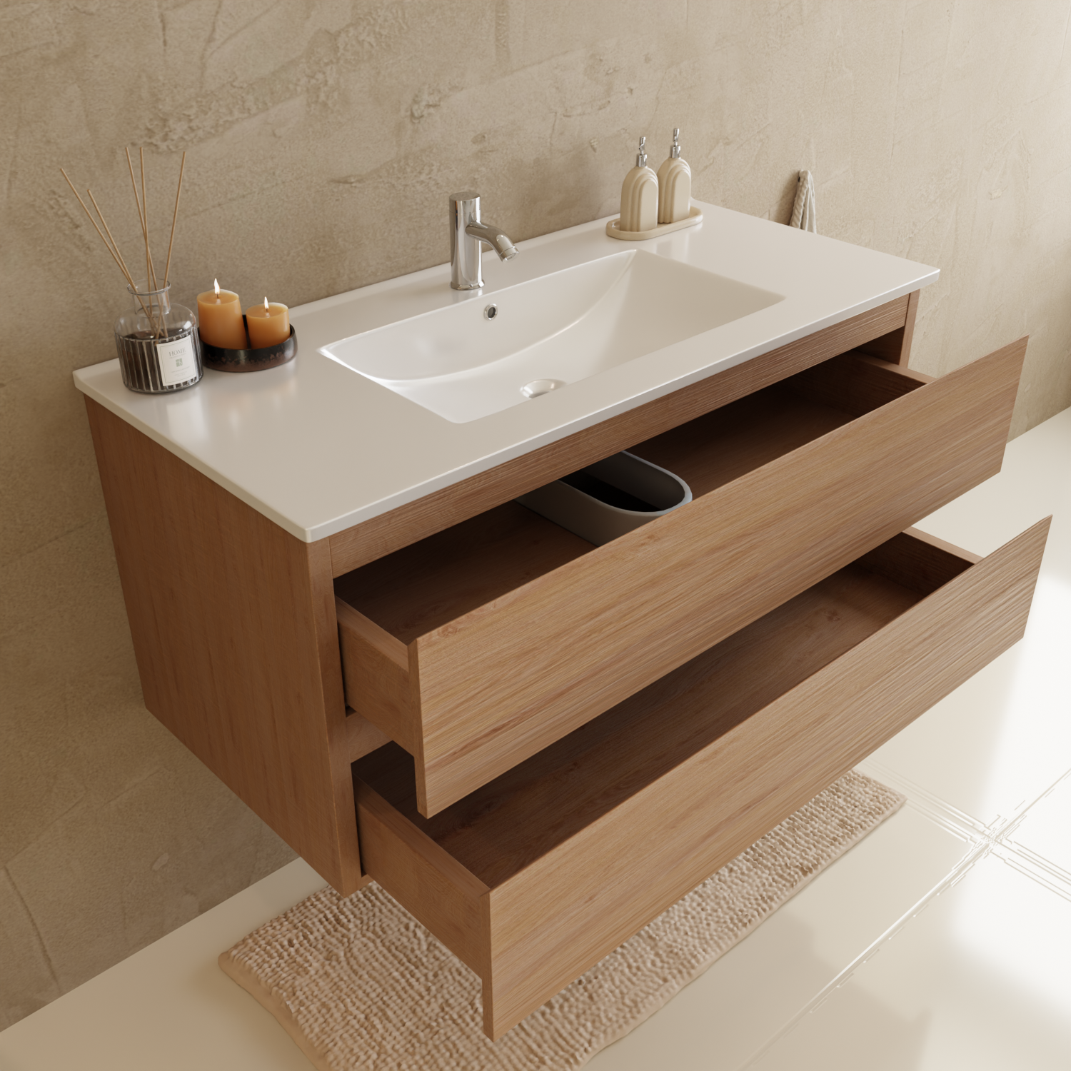 Badmöbelset VERONA 100 cm - Mit Hochschrank - Helles Eichenholz - Waschbecken Weiß