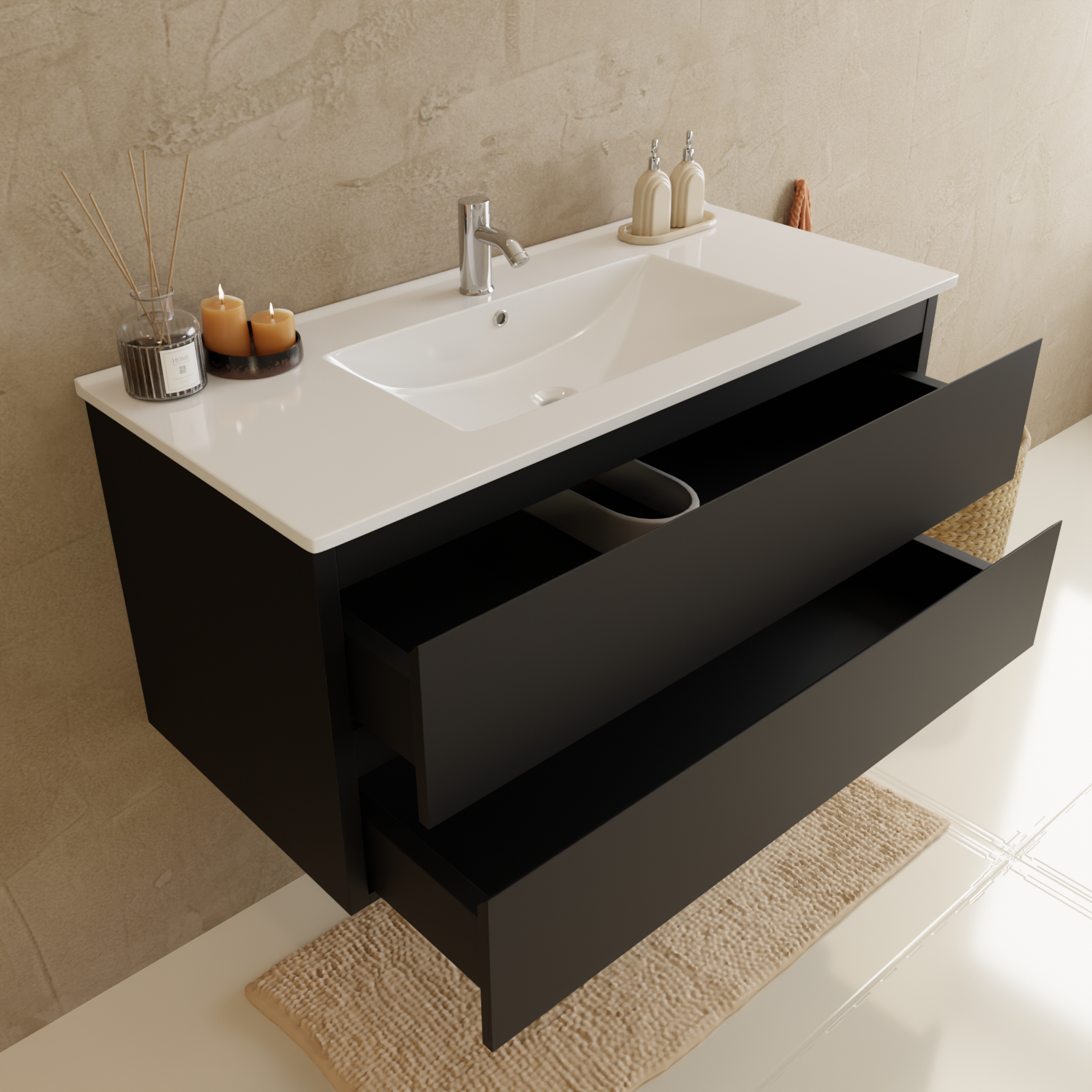 Badmöbelset VERONA 100 cm - Mit Hochschrank - Matt Schwarz - Waschbecken Weiß