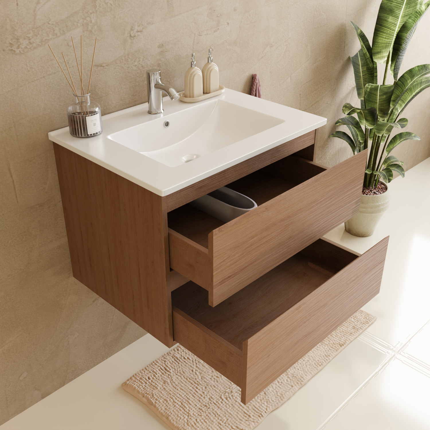 Badmöbelset VERONA 60 cm - Mit Hochschrank - Warmes Eichenholz - Waschbecken Weiß