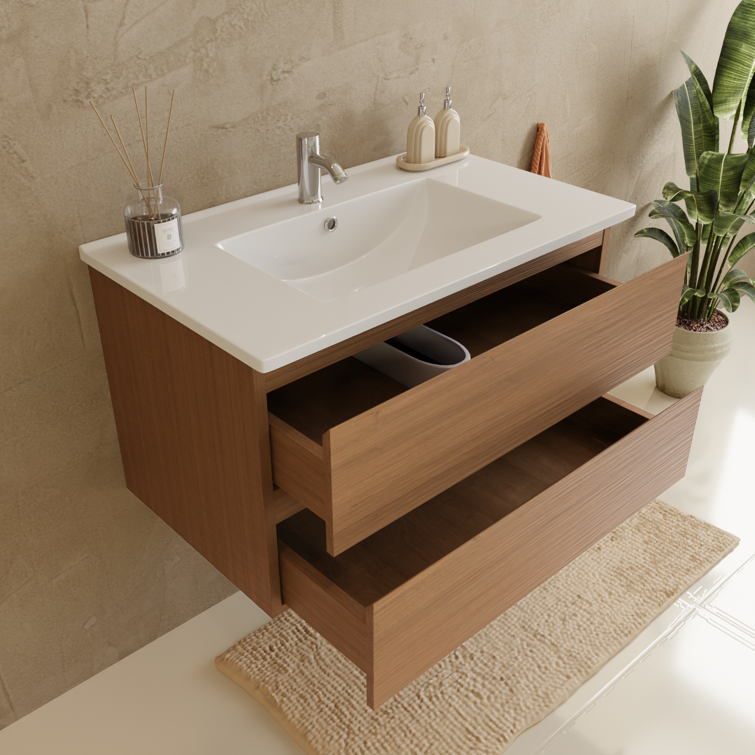 Badmöbelset VERONA 80 cm - Mit Hochschrank - Warmes Eichenholz - Waschbecken Weiß