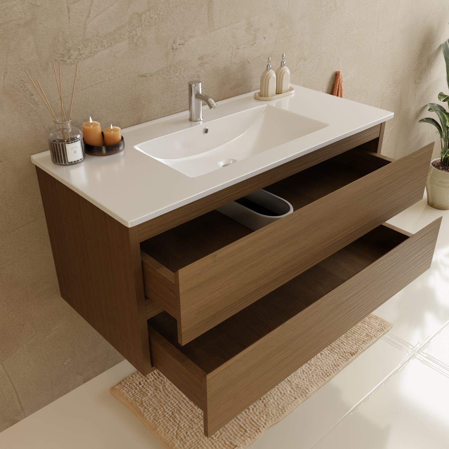 MARENZA Warmes Eichenholz - Waschbecken weiß - 100 cm