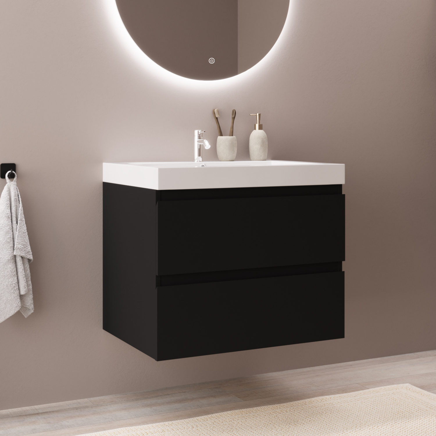 MONACO Matt Schwarz - Waschbecken Weiß - 60 cm