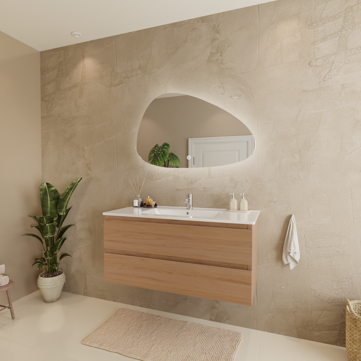 MARENZA Helles Eichenholz - Waschbecken weiß - 100 cm