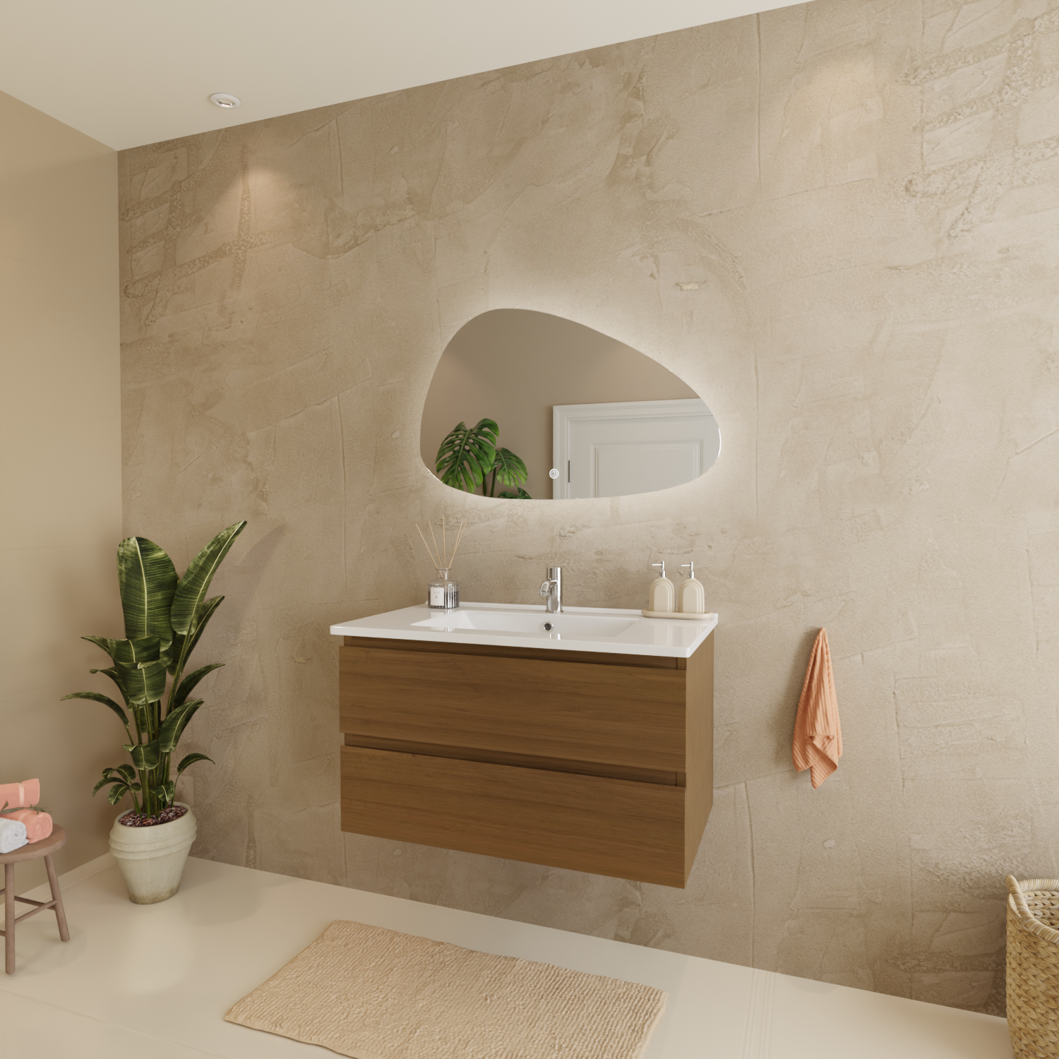 MARENZA Warmes Eichenholz - Waschbecken weiß - 80 cm