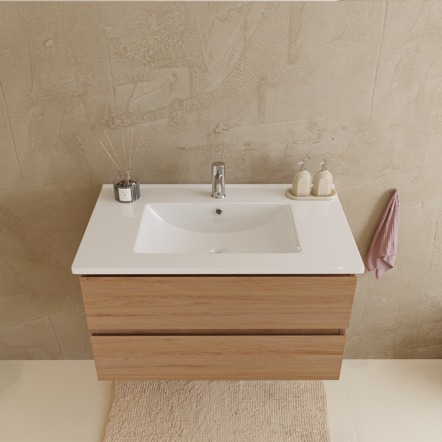 Badmöbelset VERONA 80 cm - Mit Hochschrank - Helles Eichenholz - Waschbecken Weiß