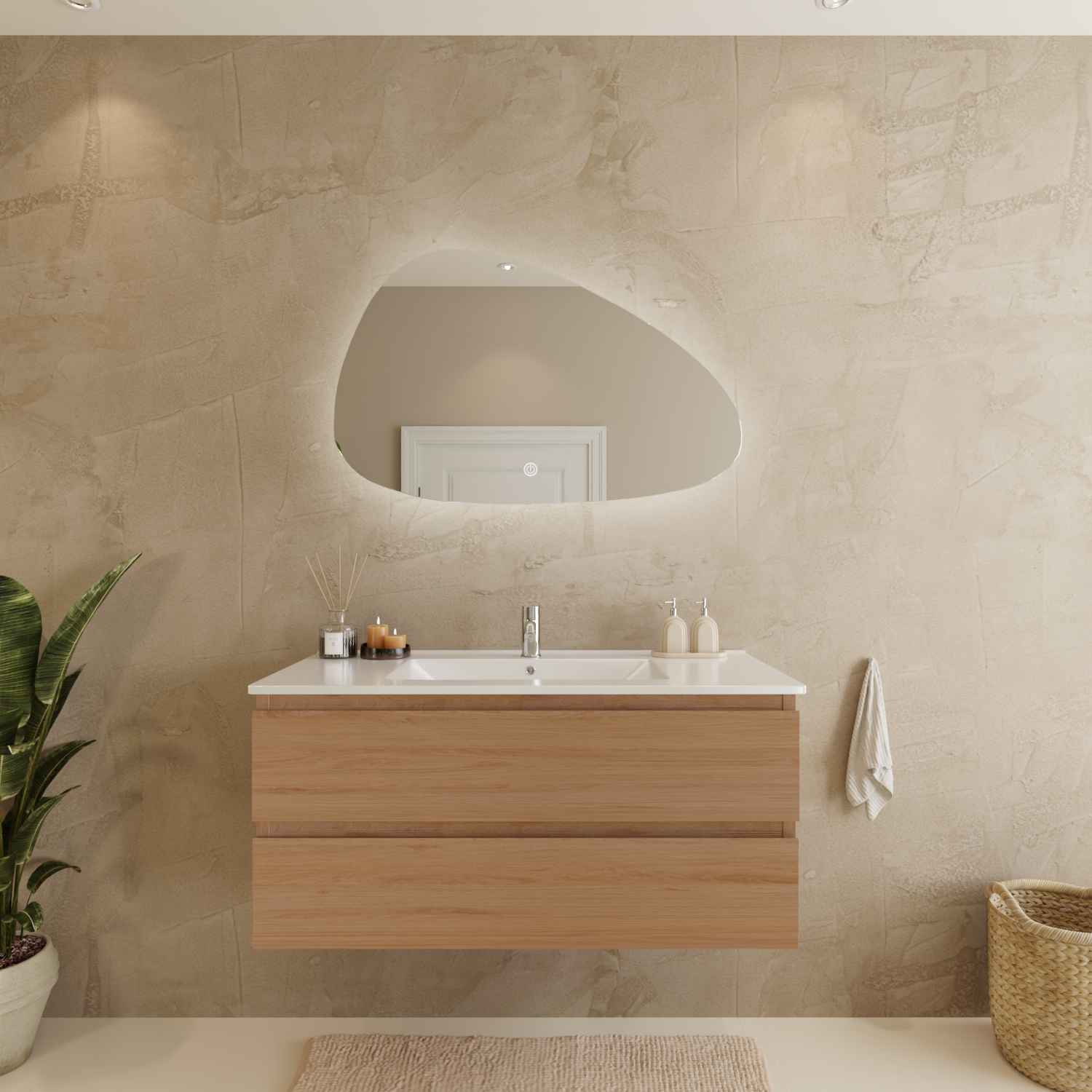 MARENZA Helles Eichenholz - Waschbecken weiß - 100 cm