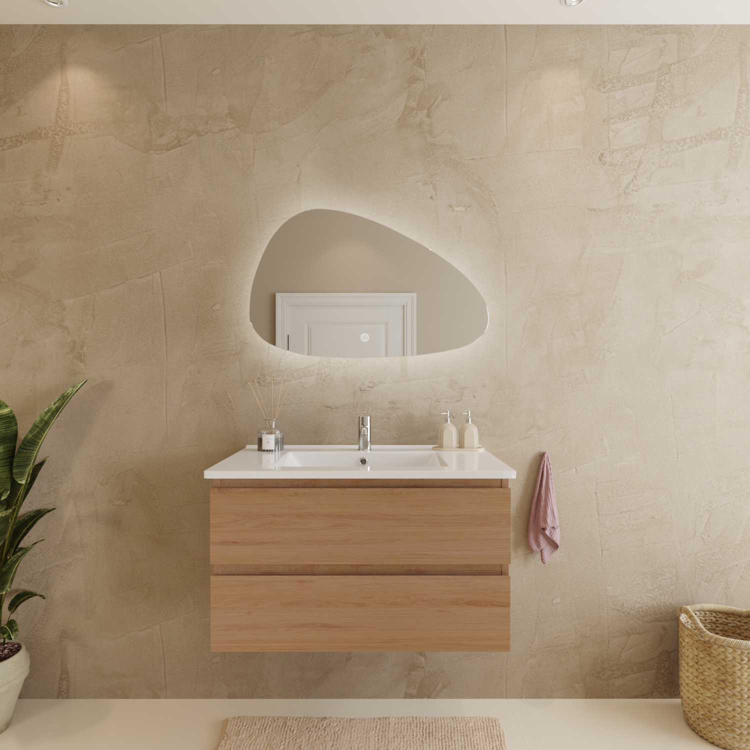 MARENZA Helles Eichenholz - Waschbecken weiß - 80 cm