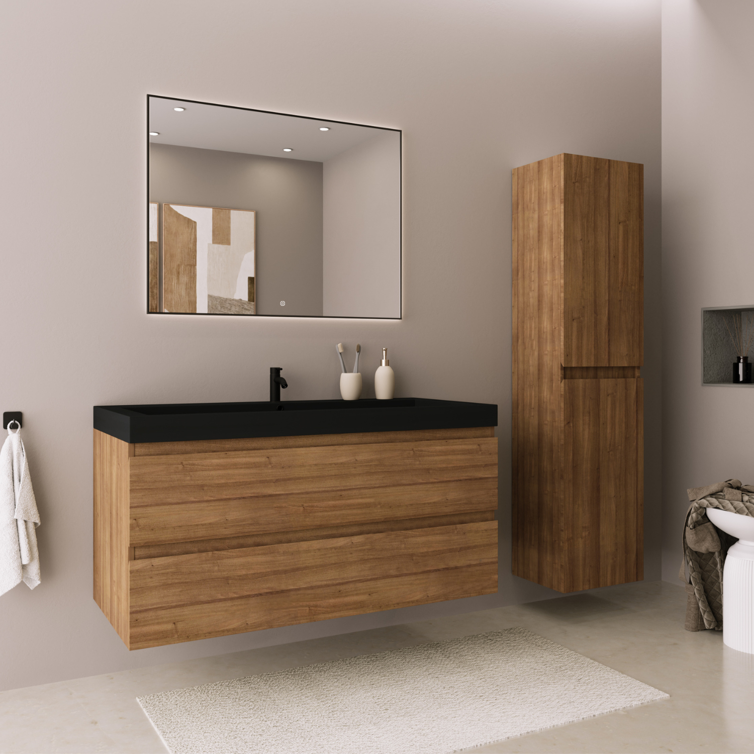 Badmöbel-Set AVALON 100 cm - Mit Hochschrank - Warmes Eichenholz - Waschbecken Schwarz