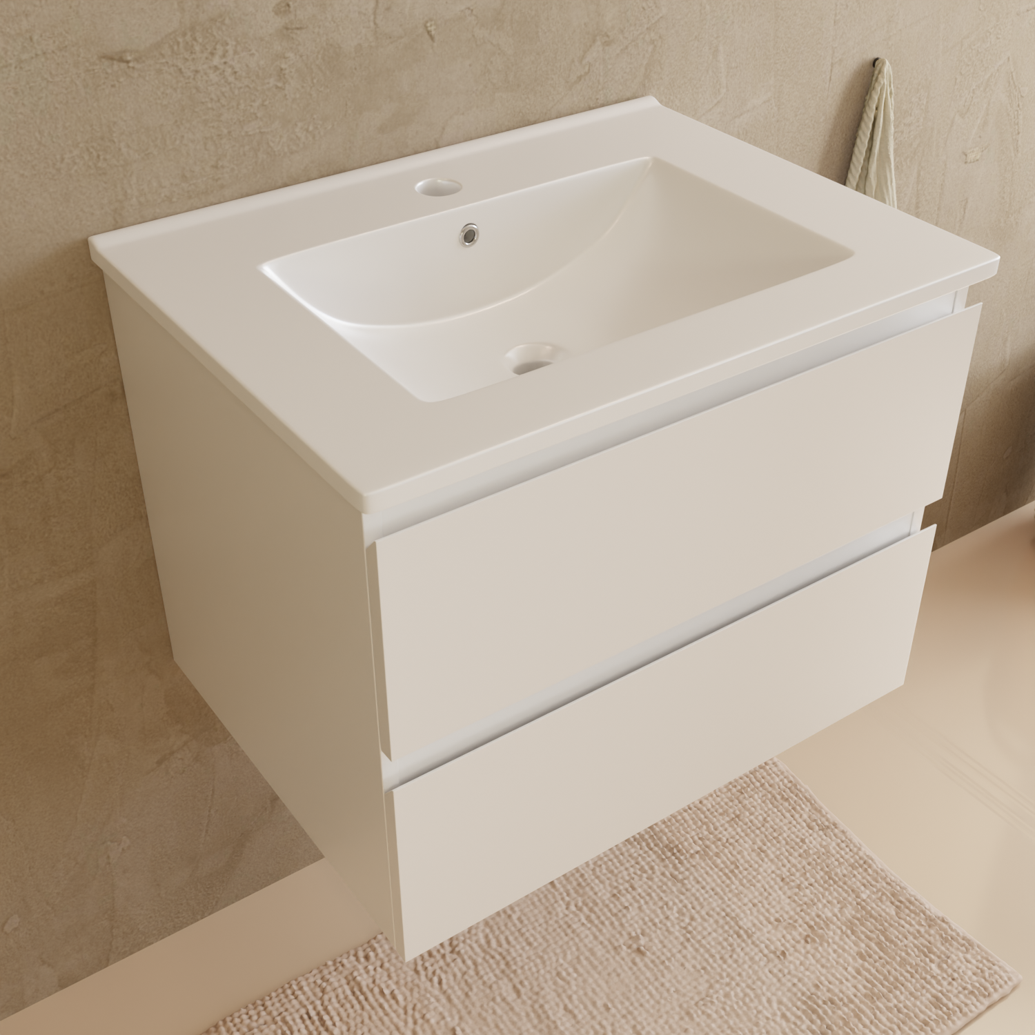 Badmöbelset VERONA 60 cm - Mit Hochschrank - Glänzend Weiß - Waschbecken Weiß