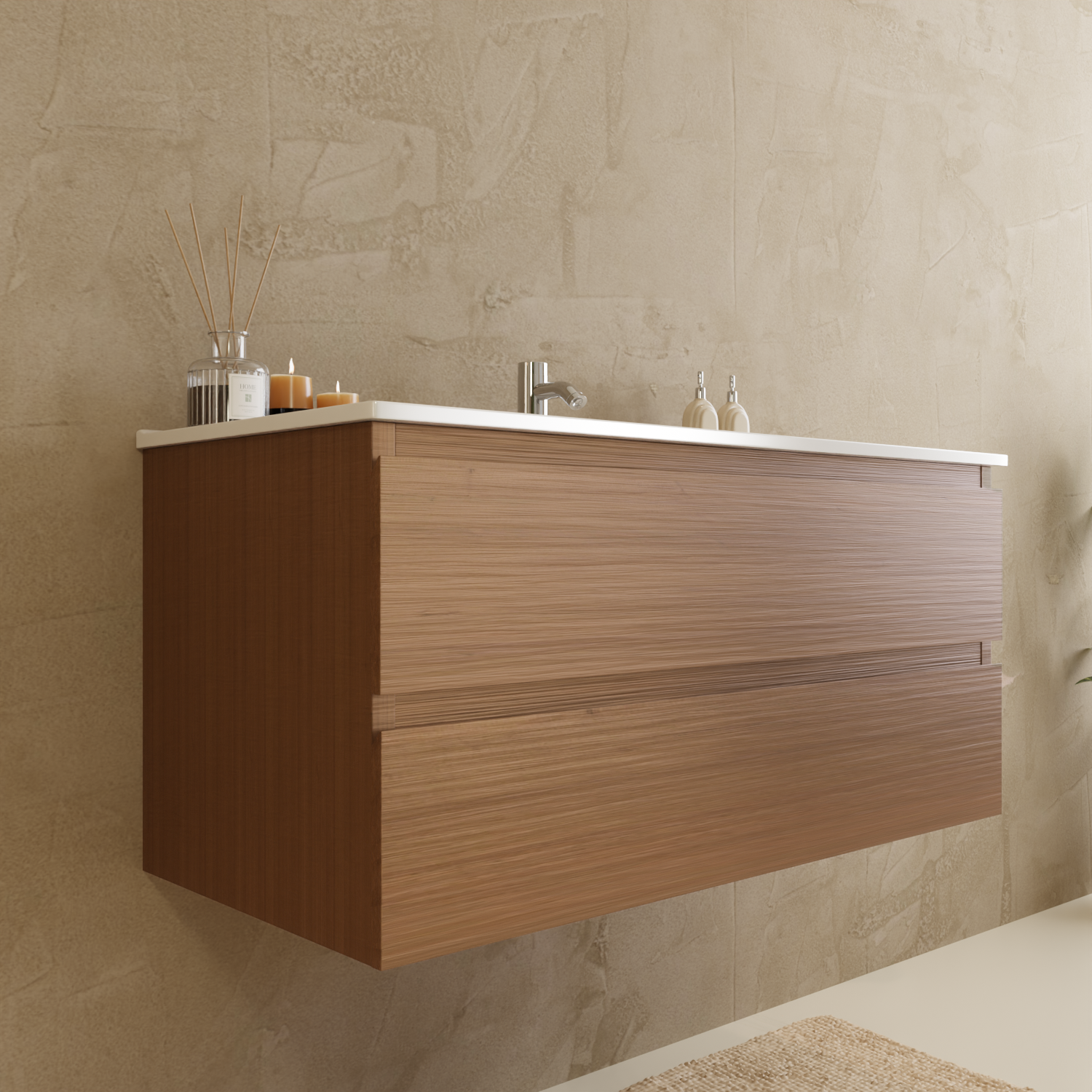 Badmöbelset VERONA 100 cm - Mit Hochschrank - Warmes Eichenholz - Waschbecken Weiß