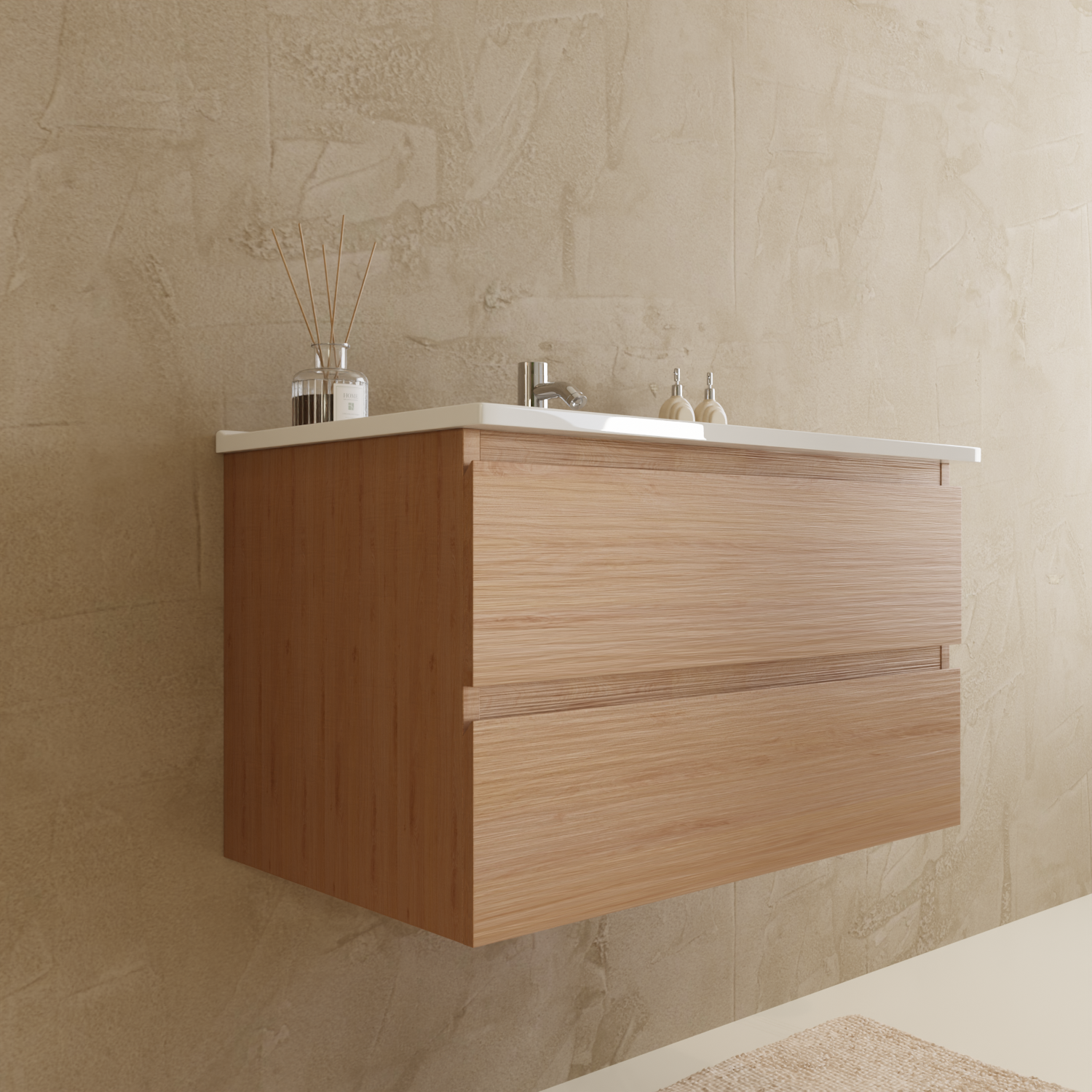 Badmöbelset VERONA 80 cm - Mit Hochschrank - Helles Eichenholz - Waschbecken Weiß