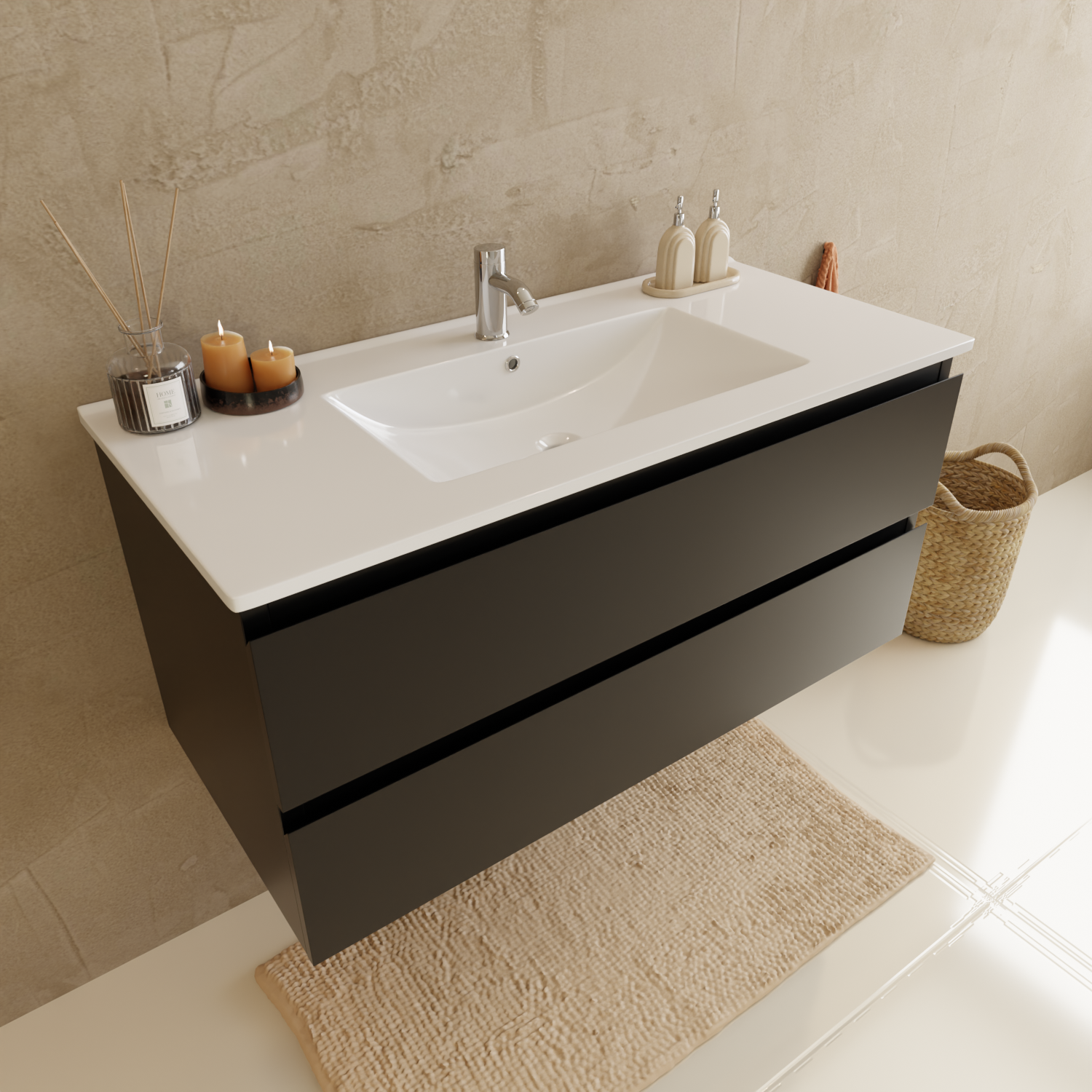 Badmöbelset VERONA 100 cm - Mit Hochschrank - Matt Schwarz - Waschbecken Weiß