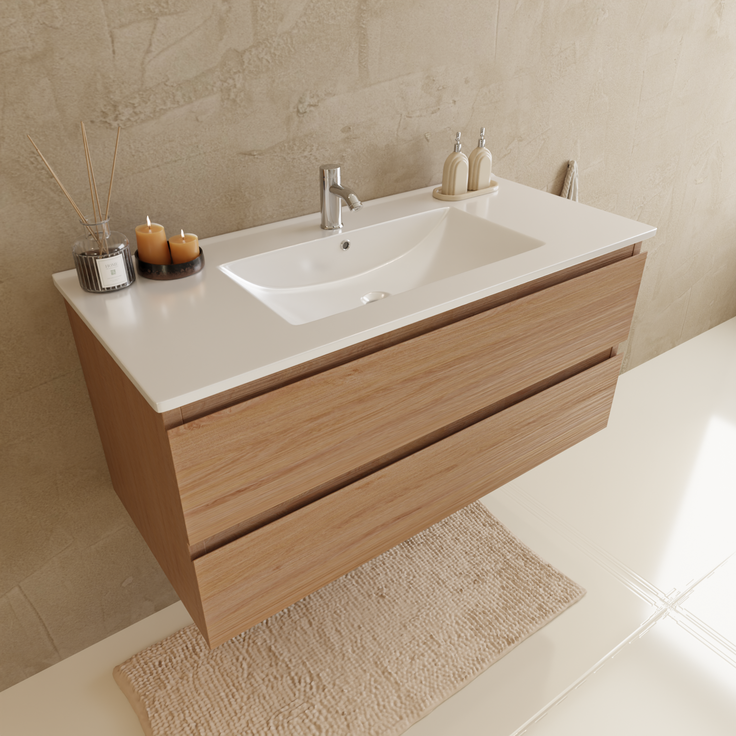 Badmöbelset VERONA 100 cm - Mit Hochschrank - Helles Eichenholz - Waschbecken Weiß