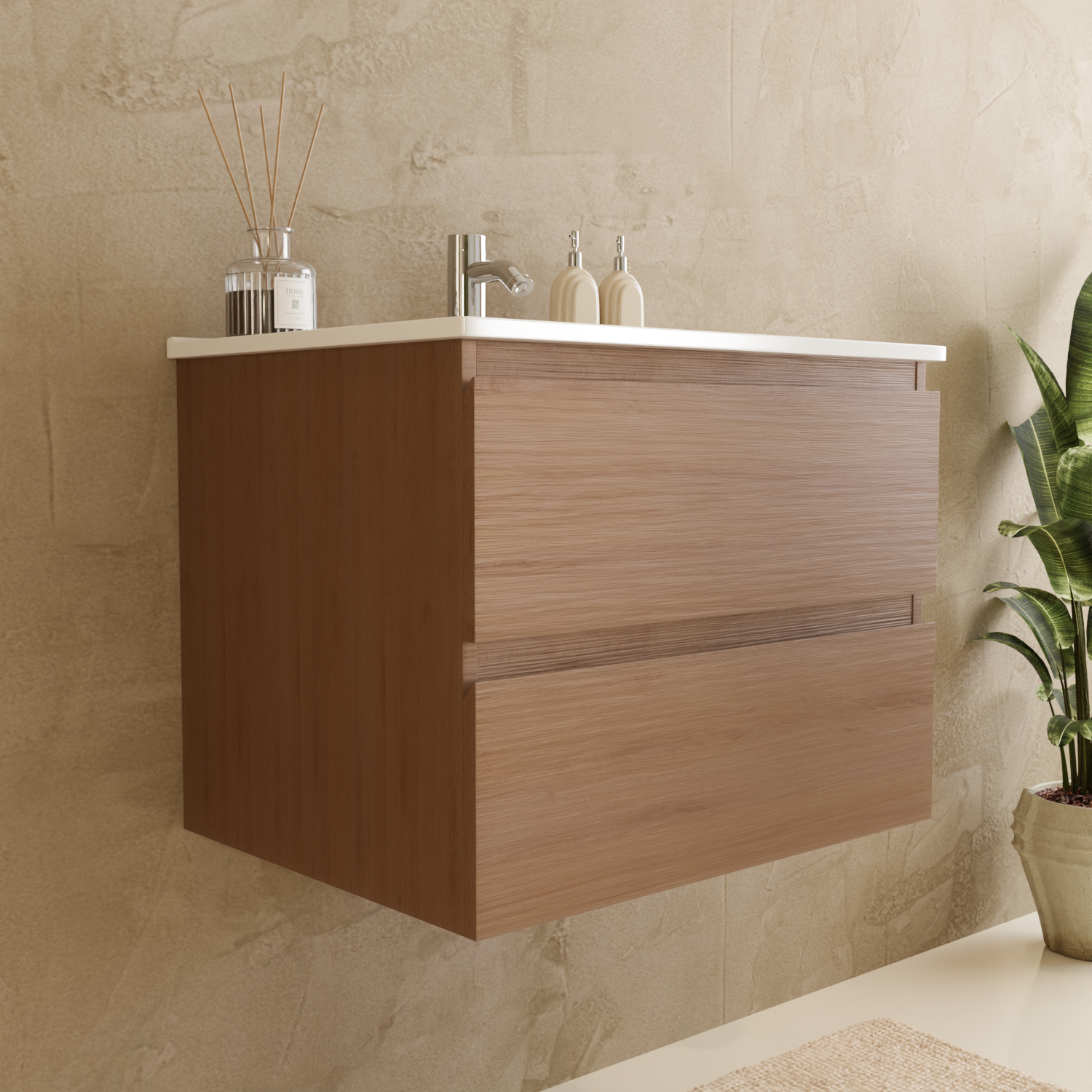 Badmöbelset VERONA 60 cm - Mit Hochschrank - Warmes Eichenholz - Waschbecken Weiß