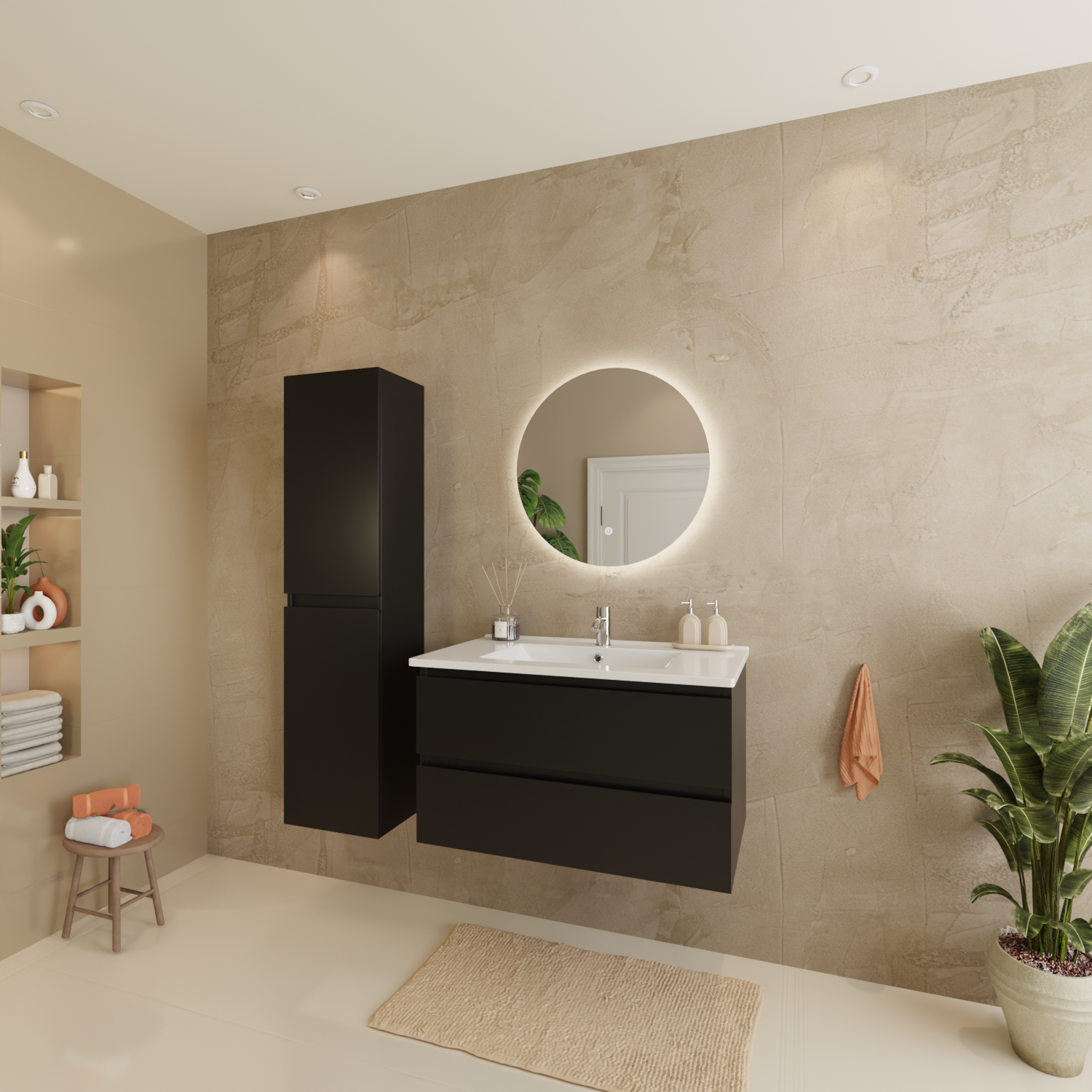 Badmöbelset VERONA 80 cm - Mit Hochschrank - Matt Schwarz - Waschbecken Weiß