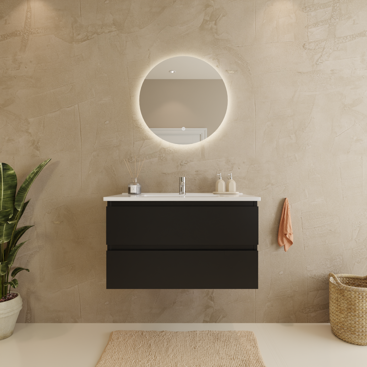 MARENZA Mattschwarz - Waschbecken weiß - 80 cm