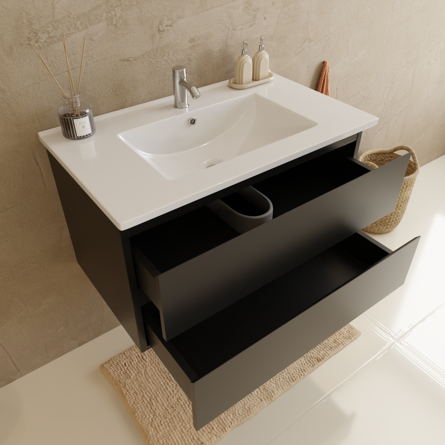 Badmöbelset VERONA 80 cm - Mit Hochschrank - Matt Schwarz - Waschbecken Weiß